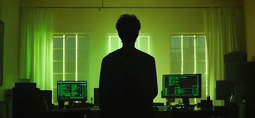 Hacker Silhouetted at Night, Coding