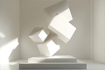 Fototapete - Modern minimalist abstract white geometric sculpture in bright exhibition space : Generative AI
