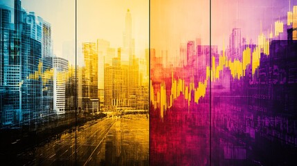 Leinwandbilder - Abstract urban skyline with colorful financial stock chart overlay : Generative AI