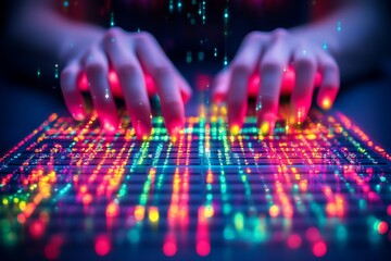 Hands typing glowing data; future tech