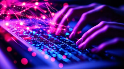 Hands typing on glowing keyboard, network data. Stock photo for tech, digital, connection