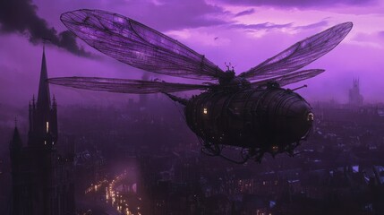 Wall Mural - Steampunk dragonfly airship soaring over a gothic city at twilight.