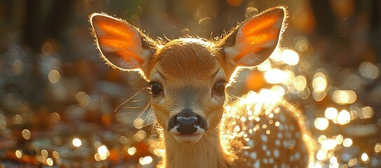 Wall Mural - Adorable fawn in sunlight, autumn leaves bokeh background.