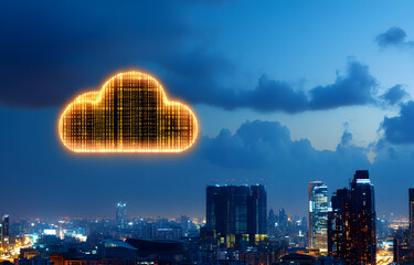 Wall Mural - A digital cloud with binary code floating above an urban skyline at night, symbolizing the interconnected nature of the digital world 