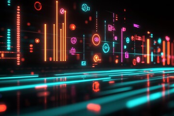 Wall Mural - Dynamic Data Visualization with Neon Graphs and Charts for Modern Technology Concepts : Generative AI