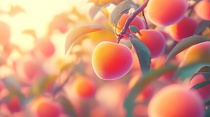 Wall Mural - Single Peach on Tree Illuminated by Warm Sunlight in Vibrant Orchard Setting : Generative AI