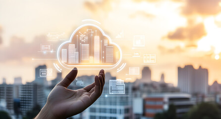 Wall Mural - A hand holding a cloud icon with other technology icons and a city background, representing the digital transformation in business or web services 