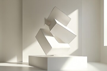 Fototapete - Contemporary geometric white art installation in a well-lit studio environment : Generative AI