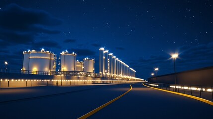 Wall Mural - Night view of industrial storage tanks illuminated by lights, showcasing a transportation route.