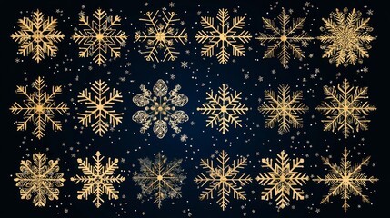 Wall Mural - Collection of golden snowflakes on dark blue background.