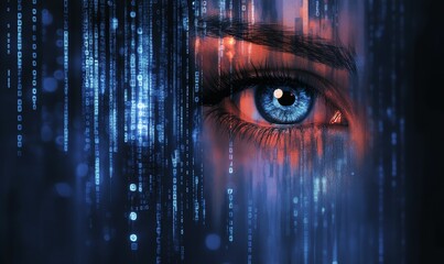 digital code flows over a watchful eye.