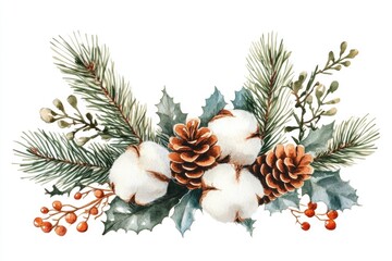 Wall Mural - Watercolor Cotton and Pine Cones