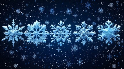 Wall Mural - Five detailed snowflakes on a dark blue background with falling snow.