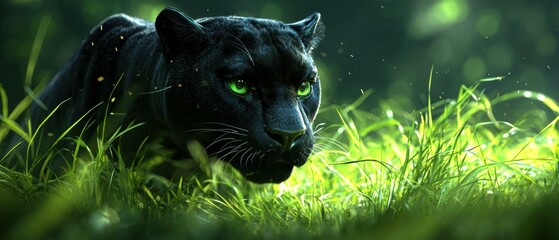 Canvas Print - Majestic black panther in vibrant green grass. AI.