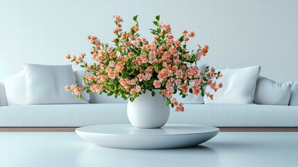 Wall Mural - Peach flowers in a white vase on a modern table. AI.