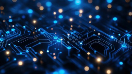 The background banner of a digital network circuit board is blue and black with glowing lights and connecting dots