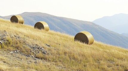 Wall Mural - Three hay bales on a hillside slope against a mountain range.