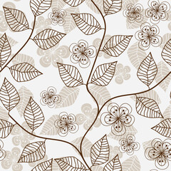 Naklejka na meble Three-color seamless pattern with hand drawm branches and leaves of cherry blossoms on a white background