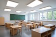 © The Little Hut - Bright Classroom Environment with Wooden Desks and Wall Shelving : Generative AI