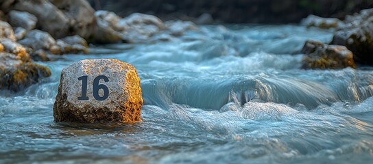 Wall Mural - Number sixteen on a rock in a flowing river.