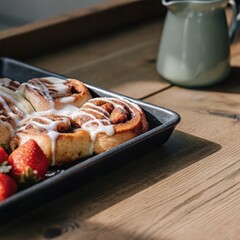 Wall Mural - Warm Strawberry Cinnamon Rolls Served on a Rustic Plate. Generative AI