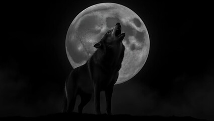  a majestic wolf standing proudly in the foreground, its mouth open in a haunting howl, set against the backdrop of an enormous, glowing black moon that occupies most of the frame