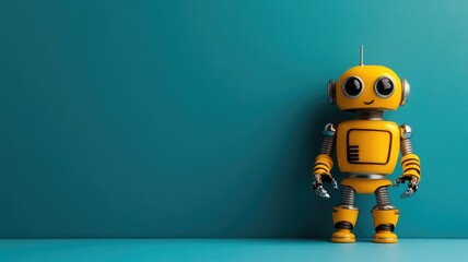 Yellow robot toy with round eyes and antennas against blue background