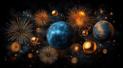 Wall Mural - Golden Fireworks Greeting: Festive New Year's Eve Party Background with Year and Text Frame in Black Night