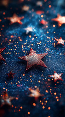 Wall Mural - Sparkling Red Stars on Glittering Blue Background