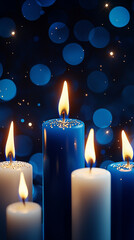 Wall Mural - Burning Candles  Blue   White  Bokeh Background  Festive Lights
