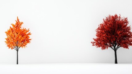 Wall Mural - two trees with autumn leaves, one orange and red, against white background