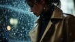 © jambulart - Rain-soaked woman, brown coat, pensive expression.