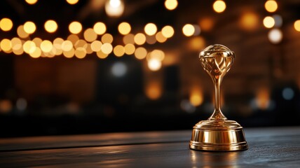 Wall Mural - Golden trophy with reflective surface in blurred background lights