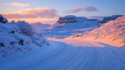 Wall Mural - Scenic winter road through snow-covered mountains at sunrise.