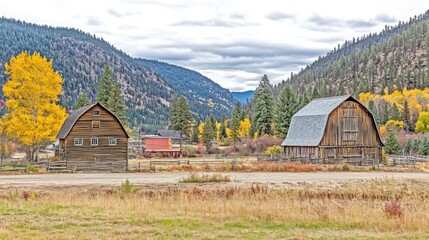 Wall Mural - Two rustic barns stand in a valley, surrounded by autumn foliage and mountains.