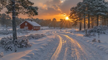 Wall Mural - Snowy landscape with red cabin at sunset.