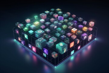 Wall Mural - neon glowing cubes with apps inside, sitting on a reflective surface. ai generative. .