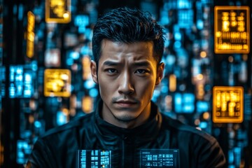 Serious man, digital backdrop, futuristic tech