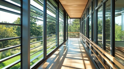 Wall Mural - Sunlit corridor, glass walls, wooden floor, green view.