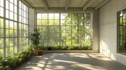 Wall Mural - Sunlit room, large windows, plants, brick wall, wooden floor.