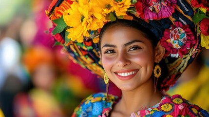 Joyful and Radiant Young Woman Posing in Vibrant Handcrafted Traditional Costume and Floral Headdress at a Celebratory Cultural Festival