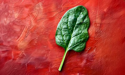 Wall Mural - Green spinach leaf on vibrant red textured background