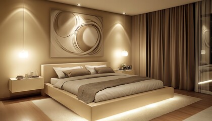 Sticker - Cozy bedroom with warm beige tones, soft lighting, and abstract wall art