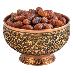 Arabic clay bowl of dates for Ramadan, rose gold theme white isolated on transparent background