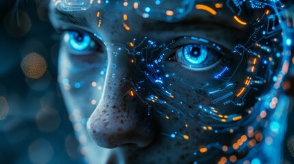 Wall Mural - close-up of a human eye with blue and orange glowing lines. ai generative. .