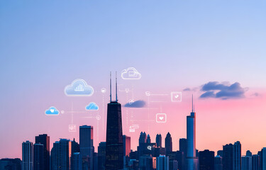 Wall Mural - A city skyline with icons for cloud computing and social media, symbolizing the integration of these technological elements in urban life