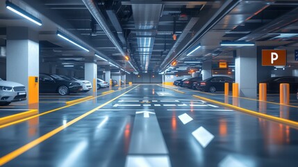 Wall Mural - Modern underground parking garage, sleek vehicles parked.