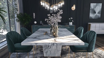 Sticker - Elegant dining area with marble table, velvet chairs, and a sleek chandelier