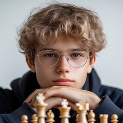 Focused young chess player in studio