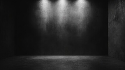 Poster - A dark, minimalist space with three overhead lights illuminating the wall, creating a dramatic and moody atmosphere.